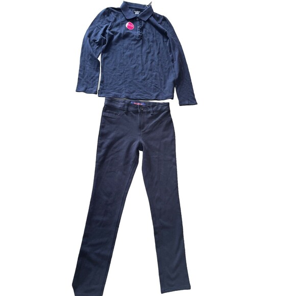 School Uniform Bundle. Girls‎ Navy Skinny Pants 14 & Navy Long Sleeve Polo XXL - Picture 1 of 9